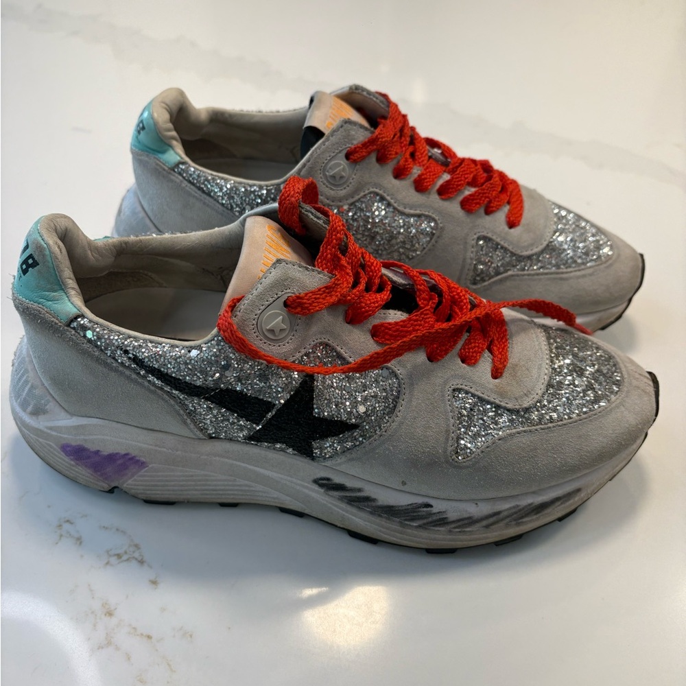Golden Goose Silver glitter and Black Sneakers with Red Laces